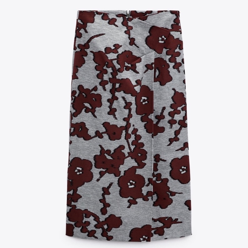 Zara Studio Limited Edition Grey Burgundy Floral Midi Skirt M High Waist Pleated - Picture 11 of 12